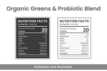 Obraz premium Organic Greens & Probiotic Blend – Editable Nutrition Facts Label Template for Superfood Supplement Packaging