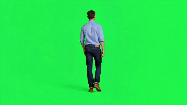 Man in blue shirt and jeans walking away on a green screen background in a studio setting view from behind 4k video