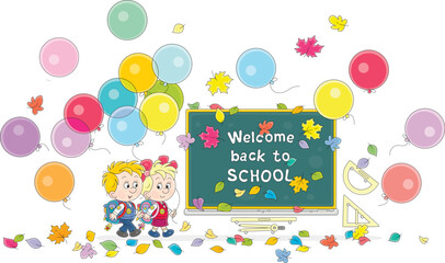 Happy little schoolboy and schoolgirl with schoolbags and holiday balloons going to school among colorful autumn leaves, vector cartoon illustration on a white background