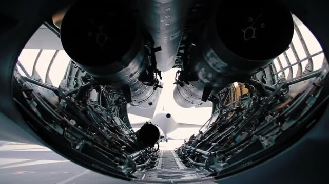 Inside of a Lockheed C130J Super Hercules cargo bay; suitable for aviation, military, transportation, and industrial themes.