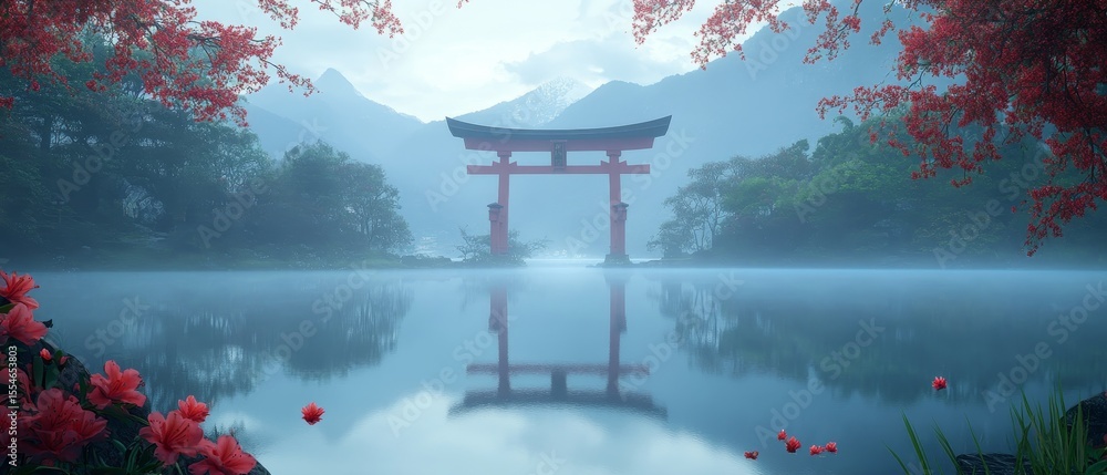 Poster a torii gate stands on a lake with mountains and trees in the background.