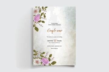 WEDDING INVITATION FRAME WITH FLOWER DECORATIONS AND FRESH LEAVES