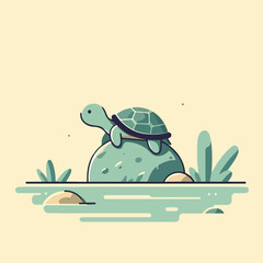 image of a small turtle resting on a rock with a simple and minimalist flat design using a white background
