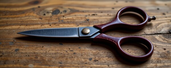 Close up of Red Handled Scissors on Wooden Surface