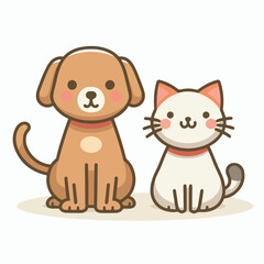 image of a dog and a cat sitting side by side with a simple and minimalist flat design using a white background