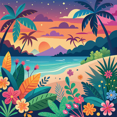Vector illustration of a serene beach landscape in the evening with sunset colors. Ideal for travel posters, wall art, nature prints, web banners, and summer-themed designs.