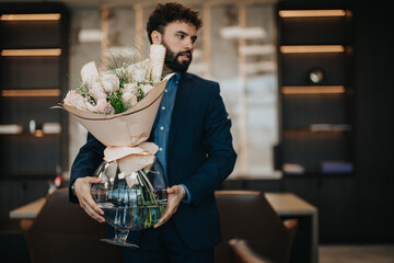 Sophisticated individual carrying a stylish vase with pink flowers, showcasing elegance and professionalism against a contemporary office setting background.
