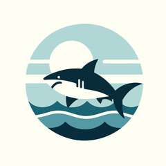 image of a shark swimming in the sea with a simple and minimalist flat design using a white background