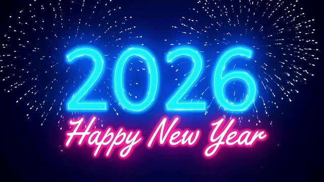 A neon sign displaying the year 2026 above the words happy new year in a pink neon font 4k video