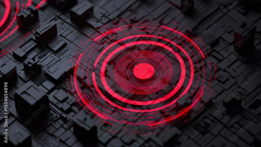 Fototapete Red concentric circles expand on a dark textured surface, resembling seismic waves propagating from an epicenter, creating a visually striking representation of geological activity