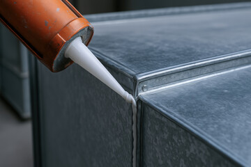 Sealant being applied to metal air duct corner in engineering industry maintenance work for airtight connection and durability