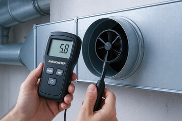 Air duct engineering industry technician measuring airflow speed with anemometer device in ventilation system for precise control and safety