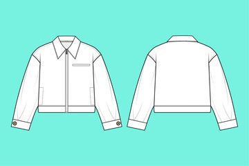 Ladies Black and White Crop outerwear Jacket flat sketch fashion illustration template CAD mockup.