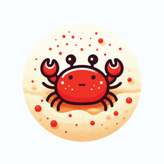 image of a red crab on the beach sand with a simple and minimalist flat design using a white background