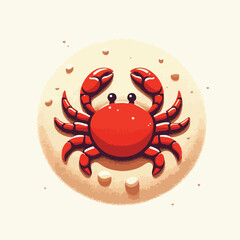 image of a red crab on the beach sand with a simple and minimalist flat design using a white background