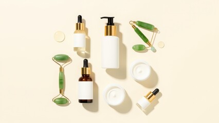Skin Care Products Display with Jade Rollers and Serums