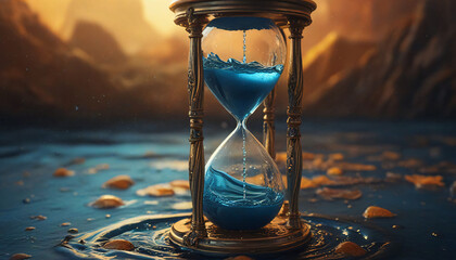An antique wood and glass hourglass stands on the sand, a timeless instrument measuring the passing minutes of history