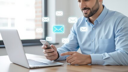 Professional Man Managing Emails on Smartphone and Laptop