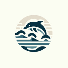 Image of a dolphin jumping out of the water with a simple and minimalist flat design using a white background