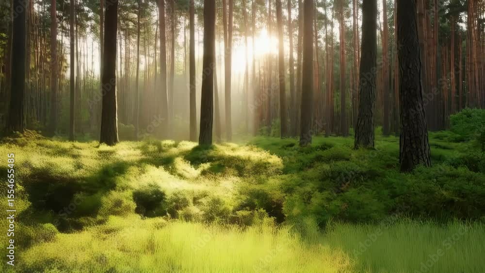 Poster sunlit forest floor with tall trees casting shadows and light rays creating a serene, natural, and p
