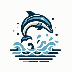 Image of a dolphin jumping out of the water with a simple and minimalist flat design using a white background