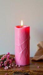 Pink Textured Candle Burning on Rustic Wood with Pink Flowers