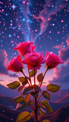 Obraz premium Pink Roses at Sunset with a Sparkling Night Sky and Mountains