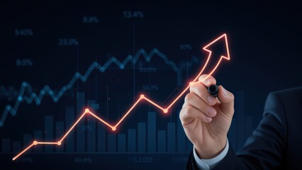 Hands Drawing a Rising Trend Graph with Financial Indicators