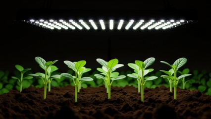 Young Plants Growing Under LED Grow Lights in Soil