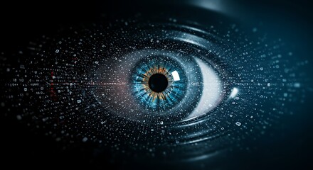 Abstract digital eye with numbers and symbols. Concept of global network, cyber security and artificial intelligence. Future technology design