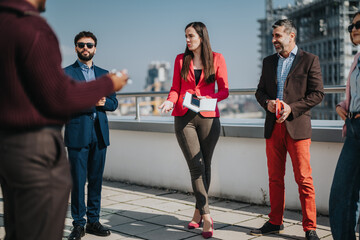 A group of people collaborating outdoors on a rooftop, discussing projects and networking in a...