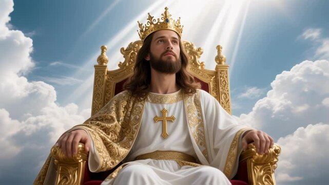 Jesus Christ as king wearing a crown sits on a golden throne among the clouds with divine light rays shining down, a powerful symbol of faith, divinity and christian belief
