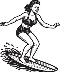 vintage girl surfing vector illustration