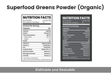 Superfood Greens Powder (Organic) – Editable Nutrition Facts Label Template for Clean Supplement Packaging