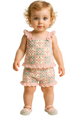 Adorable Toddler Standing in Colorful Summer Outfit: Cute Young Girl in Matching Crochet Set and Shoes Posing Against White Background