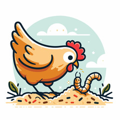 image of a chicken pecking at seeds and worms with a simple and minimalist flat design using a white background