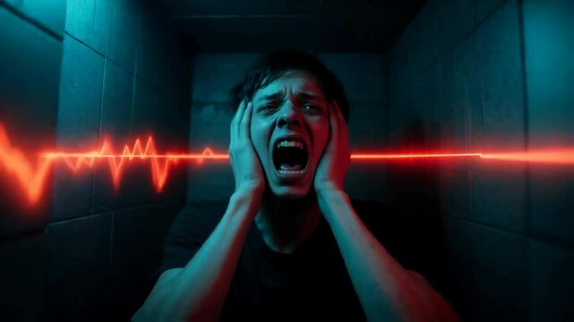 A terrified person screams while clutching their head in a dark room as a red soundwave visualizes intense noise, illustrating sensory overload or a panic attack