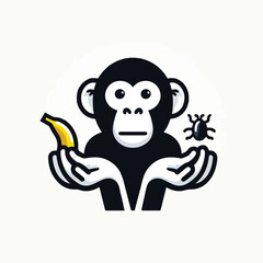 image of a chimpanzee carrying a banana and insects with a simple and minimalist flat design using a white background