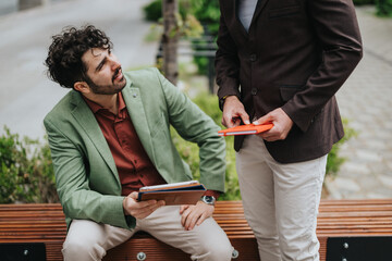 Men engaged in conversation while examining notebooks and documents, seated on a bench in an...