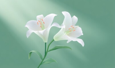 Obraz premium Elegant white lilies, with beautifully detailed petals and leaves, bloom in soft light set against a serene green backdrop