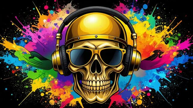 Golden skull with headphones & sunglasses on black with vivid paint splatters