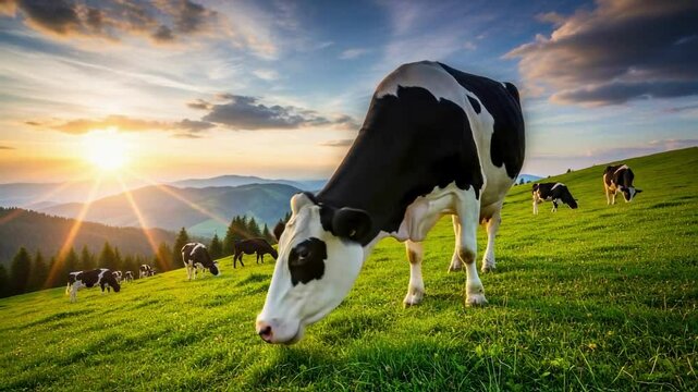 Curious holstein cow grazing on a lush green mountain pasture at sunset, a scenic view representing the beauty of organic farming and the dairy industry