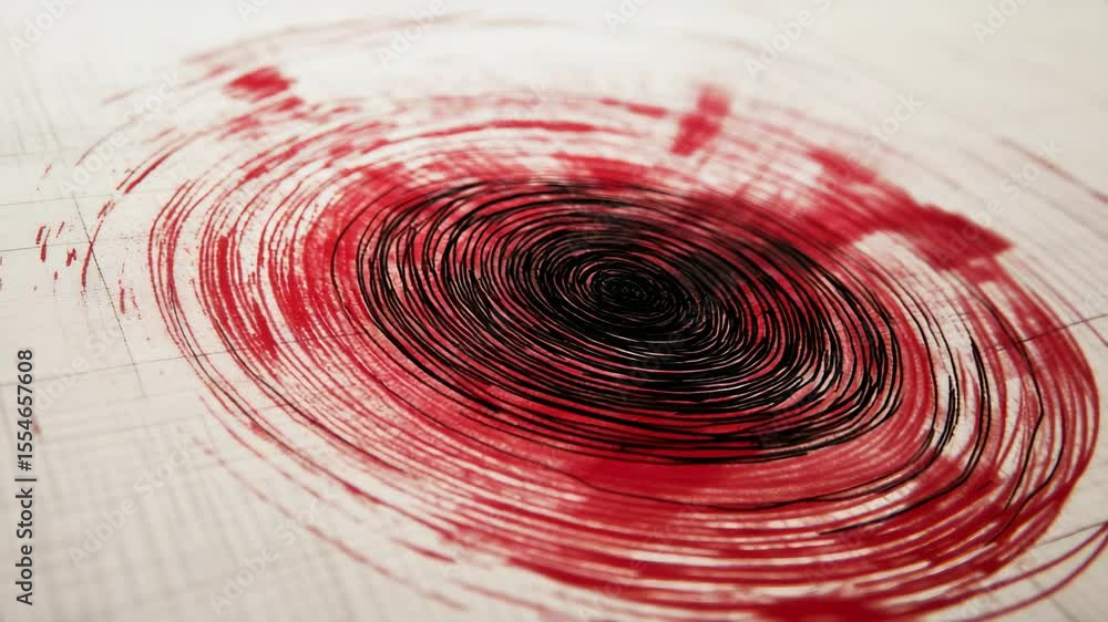 Poster red and black seismic waves expand on a white grid background, originating from a central black epic