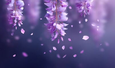 The gentle descent of purple flowers creates a serene and dreamy ambiance, with delicate petals falling softly to beautify the already calm floral setting