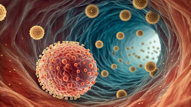 Microscopic view inside a blood vessel reveals floating cells, exploring biomedicine and medical concepts.