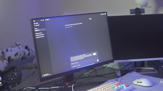 Child using ChatGPT on a computer screen in a modern gaming setup with LED keyboard and mouse.