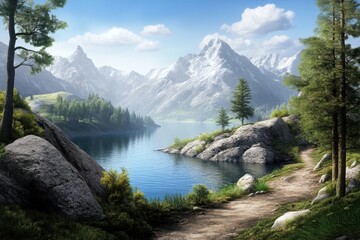 Obraz premium Mountain lake surrounded by trees and rocky terrain on a clear day with clouds