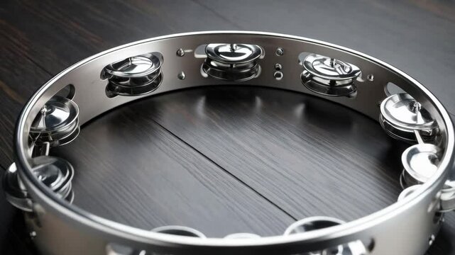 Close-up of a silver metal tambourine with jingles resting on dark wood floor for rhythmic music performance and percussion