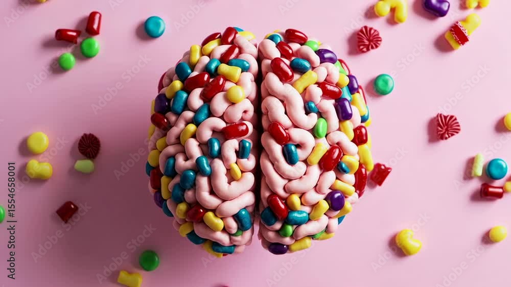 Poster Pink brain covered with colorful candies rotating slowly on a pink background with colorful candies scattered around, symbolizing sugar's effect on the mind and body