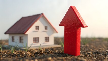 House with Upward Red Arrow, high interest rate, Property Value Increase, and Housing Market Concept